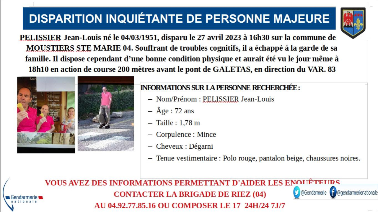 Haute-Provence : un homme de 72 ans activement recherché par la Gendarmerie Haute-Provence : un homme de 72 ans activement recherché par la Gendarmerie