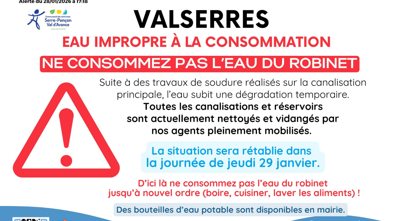 L&rsquo;eau est temporairement impropre &agrave; la consommation &agrave; Valserres